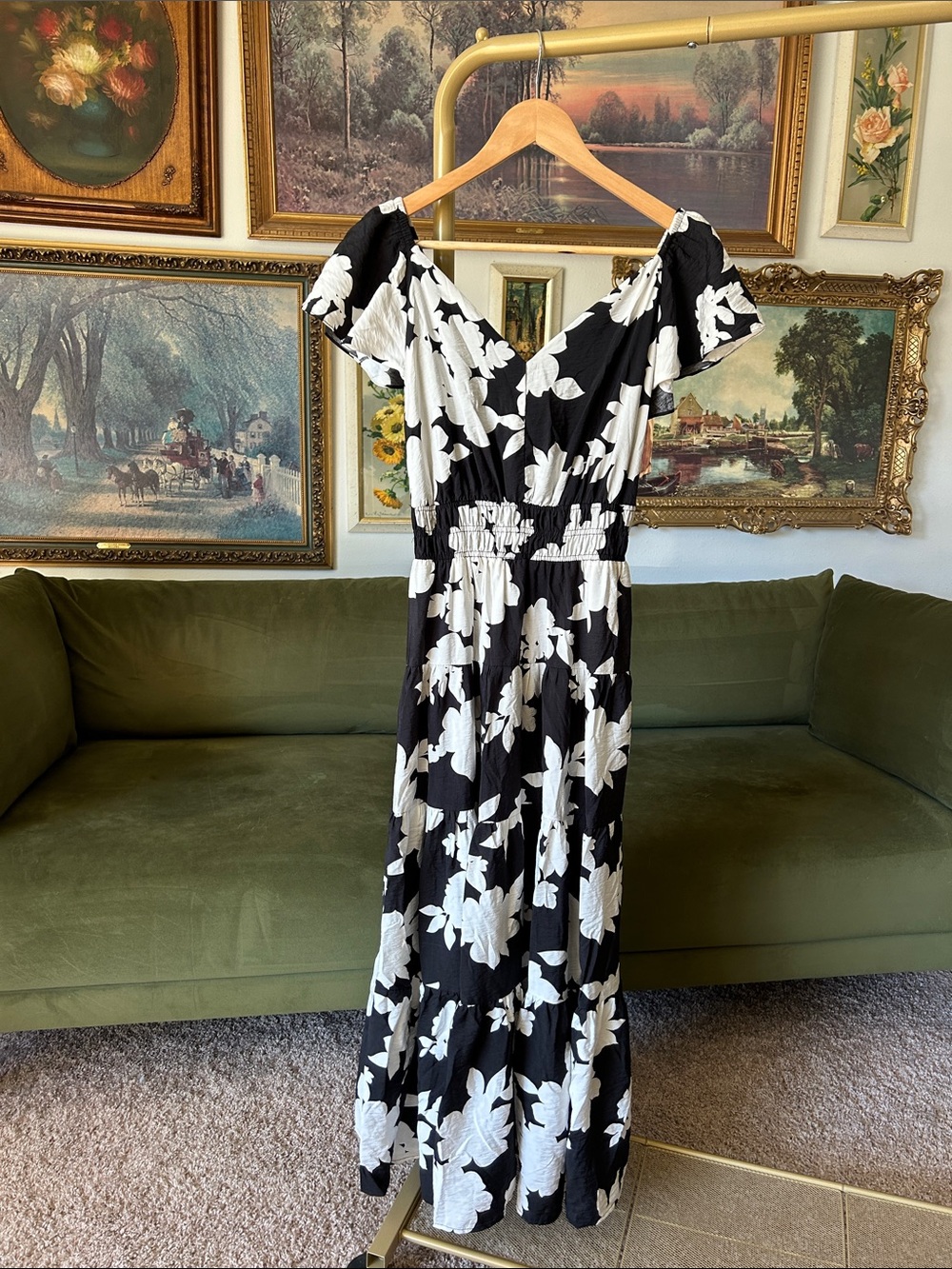 NWT Rachel Zoe Black Maxi Dress with White Floral Print